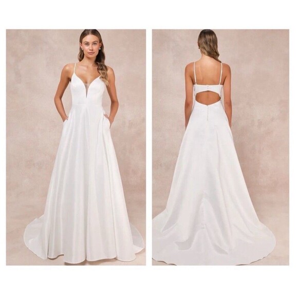 Lulus Exceptional Passion White Satin Cutout Maxi Wedding Dress Large Pockets - Picture 1 of 9